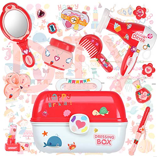 Maletín de Joyería y Maquillaje Juguete Pretend Play Belleza Caja Completa de Peluquería inluye 30 Piezas Comésticas Juego Educativo y Científico Regalo Ideal de Cumpleaños Navidad para Niños 3+ Años