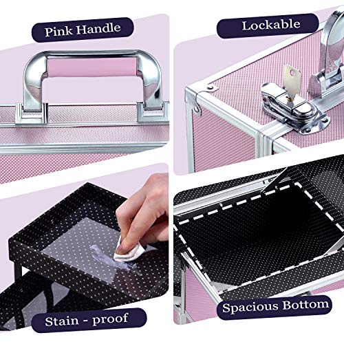 Maletin Maquillaje Grande Profesional Neceser Organizador Maquillaje Vacio para Maquilladores Caja Maquillaje de Viaje Joyero Organizador Esmalte de Uñas con 6 Bandejas Regalos para Mujer, Rosa