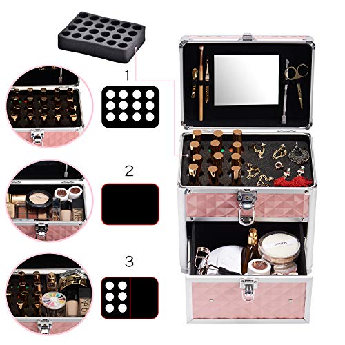 Maletín Maquillaje Profesional Estuche de Maquillaje Estuche Joyero Cosmético Caja de Bellaza con Espejo Cajón y Cerradura para 24 Botellas de Emalte y Uñas, 25x17.5x23.5CM, Rosa