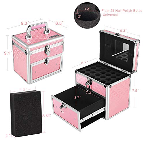 Maletín Maquillaje Profesional Estuche de Maquillaje Estuche Joyero Cosmético Caja de Bellaza con Espejo Cajón y Cerradura para 24 Botellas de Emalte y Uñas, 25x17.5x23.5CM, Rosa