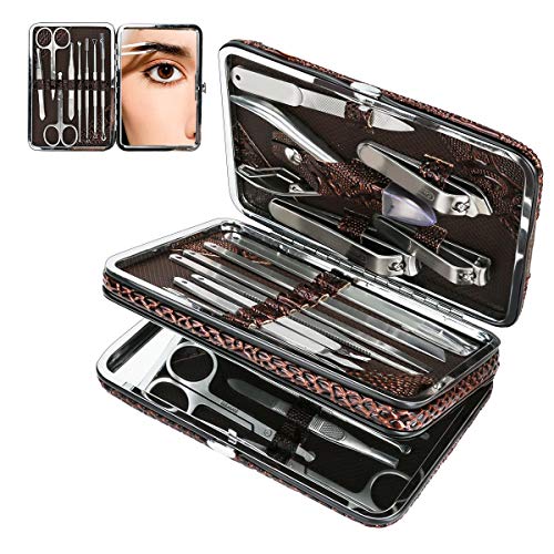 Manicure Set, Achort Anself 18 pcs Kit de Herramientas de Manicura Pedicura Profesional Juego de Cortauñas Recortador de Limas de Uñas Afeitado de Cejas Herramienta de Corte de Pelo de Nariz