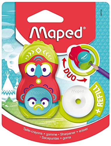 Maped Loopy Duo - Sacapuntas 2 en 1, ideal para estuche, sacapuntas, 1 agujero limpio con tapa y goma giratoria protegida + 1 recambio