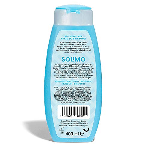 Marca Amazon - Solimo Gel de ducha hidratante con sal marina y extracto de menta- Paquete de 6 (6 Botellas x 400 ml)