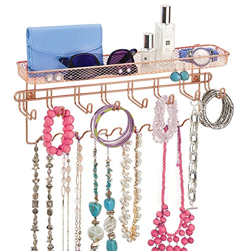 mDesign - Organizador para accesorios, de pared; guarda alhajas, collares, aros, pulseras, relojes pulsera - Oro Rosado