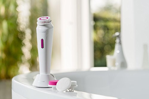 Medisana FB 885 Cepillo de limpieza facial eléctrico, limpieza en profundidad de los puertos, cepillo facial de batería con accesorio de pelado, esponja cosmética y 4 velocidades