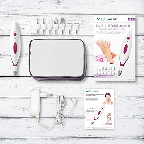 Medisana MP 815 set de manicura y pedicura eléctrica con 7 accesorios para el cuidado de las uñas, 2 velocidades para uñas, cutículas y callo