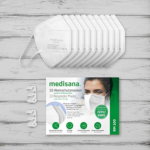 Medisana RM100 FFP2/KN 95 Mascarilla de protección respiratoria, Máscara antipolvo, Máscara antipolvo de 3 capas, Máscara facial 10 piezas empaquetadas individualmente en una bolsa de PE