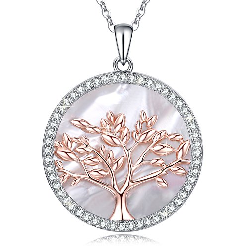 MEGA CREATIVE JEWELRY "Amor de la Familia Collares Mujer de Árbol de la Vida 925 Plata Esterlina Colgantes Cristales Swarovski, Regalo de la Joyería (Oro Rosa-MOP)