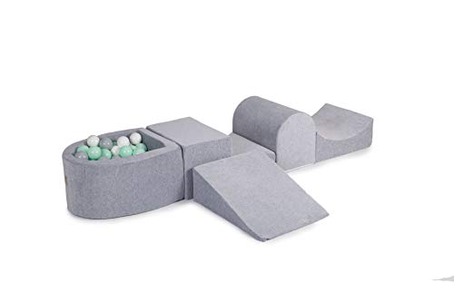 MEOWBABY 200x45cm Parque Infantil con Pelotas y un Kit de Espuma para Niños Conjunto de Piscina de 5 Elementos Módulo de Espuma Hecho en EU Gris Claro: Menta/Gris/Blanco