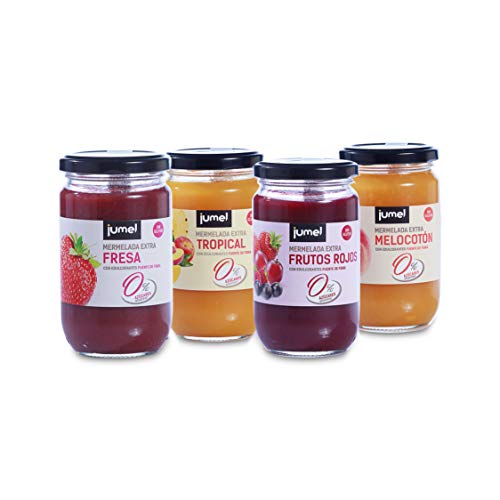 Mermelada sin azúcar extra Jumel. Mermelada con stevia. Pack de 4 unidades (1,49 euros/u) multisabor: mermelada fresa, melocotón, frutos rojos y tropical. Mermelada gourmet.