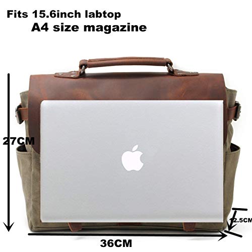 Messenger bolso vintage Canvas para hombres y mujeres de cuero reales 15"MacBook Pro/laptop de 14" maletín bolsa de hombro para Business Work School College el uso diario (15INCH Verde)