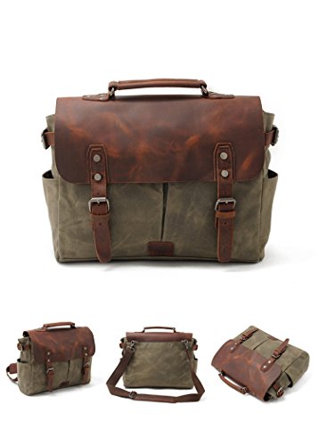 Messenger bolso vintage Canvas para hombres y mujeres de cuero reales 15"MacBook Pro/laptop de 14" maletín bolsa de hombro para Business Work School College el uso diario (15INCH Verde)