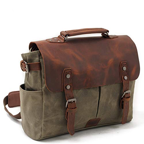 Messenger bolso vintage Canvas para hombres y mujeres de cuero reales 15"MacBook Pro/laptop de 14" maletín bolsa de hombro para Business Work School College el uso diario (15INCH Verde)