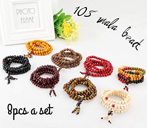 Milacolato Pulsera De Madera 108 Mala Pulseras De Cuentas Budista Fila De Madera Cuentas De Oración De Sándalo Cadena Collar De Muñeca para Hombres Mujeres Nudo Chino 8pcs