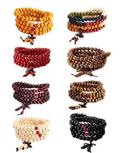 Milacolato Pulsera De Madera 108 Mala Pulseras De Cuentas Budista Fila De Madera Cuentas De Oración De Sándalo Cadena Collar De Muñeca para Hombres Mujeres Nudo Chino 8pcs