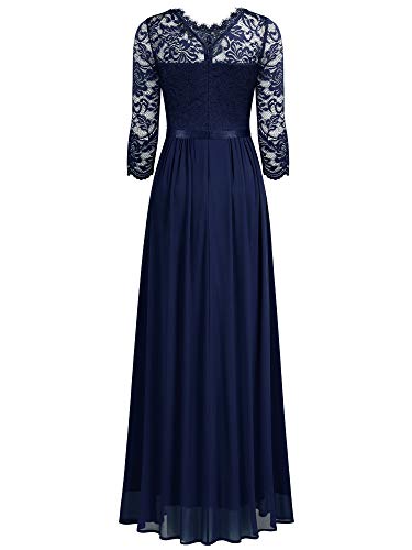 Miusol Encaje Gasa Noche Manga 3/4 Vestido Largo para Mujer Azul Medium