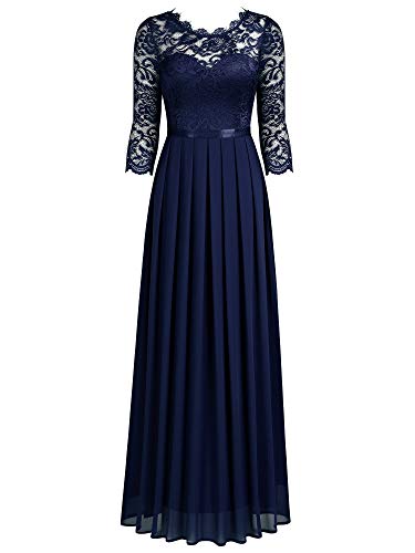 Miusol Encaje Gasa Noche Manga 3/4 Vestido Largo para Mujer Azul Medium