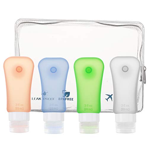 MoKo Botella de Viaje - Anti-Fugas & Rellenable/Compresible Silicona Travel Bottles Set para Champú, Bálsamo, Crema de Baño, Loción, Libre de BPA, FDA Aprobado, [ 4 Pzs - 89ml - 3.1oz ]