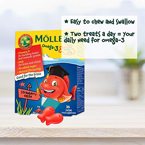 Moller’s ® | Omega 3 para niños | Omega 3 Cápsulas de Aceite de Pescado con Ácidos Grasos Omega 3 de Aceite de Pescado | Con DHA y EPA, Sin Gluten, Sin Lactosa, Sin Azucares Añadidos | Fresa | 36 Uds