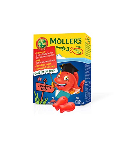 Moller’s ® | Omega 3 para niños | Omega 3 Cápsulas de Aceite de Pescado con Ácidos Grasos Omega 3 de Aceite de Pescado | Con DHA y EPA, Sin Gluten, Sin Lactosa, Sin Azucares Añadidos | Fresa | 36 Uds