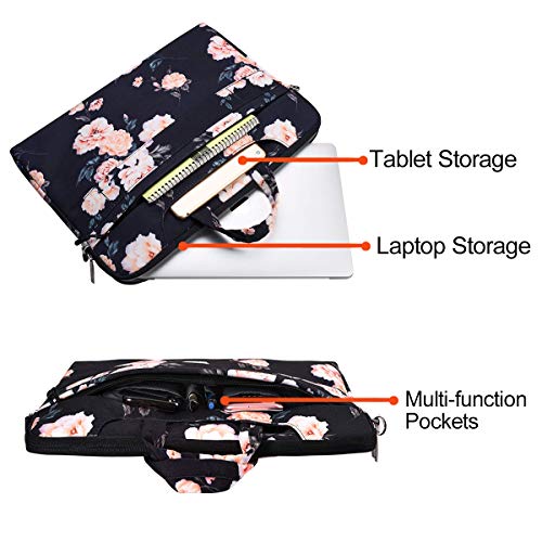 MOSISO Funda Protectora Compatible con 13-13.3 Pulgadas MacBook Air/MacBook Pro Retina/Surface Laptop/Book, Bolsa de Hombro Patrón Maletín Bandolera con Cinturón de Carro, Base Negro Peonía