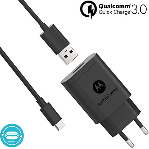 Motorola Original- TurboPower 18W Cargador de pared con SKN6473A 3.3ft (1m) cable USB-A a USB-C en caja de venta al por menor con etiqueta de autenticación de Motorola y Guía del usuario