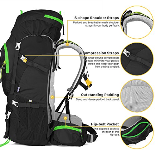 MOUNTAINTOP 60L Mochila de Senderismo Impermeable Multifuncio/Mochila Trekking/Escalada Mochila/Mochila de Camping/Mochila de Viaje con Cubierta de Lluvia 81 x 32 x 23 cm