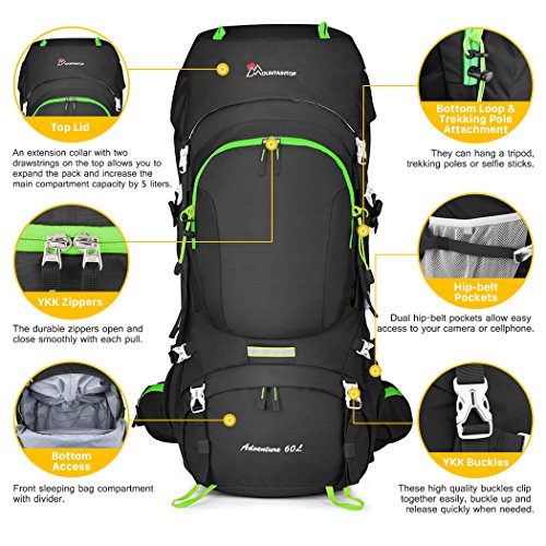 MOUNTAINTOP 60L Mochila de Senderismo Impermeable Multifuncio/Mochila Trekking/Escalada Mochila/Mochila de Camping/Mochila de Viaje con Cubierta de Lluvia 81 x 32 x 23 cm