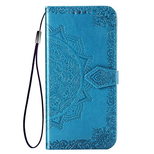 MUSESHOP Funda Xiaomi Redmi Note 7, Estuche de Cuero Estampado Mandala Libro de Cuero con Tapa y Cartera, Carcasa PU Leather con TPU Silicona Case Interna Suave - Azul