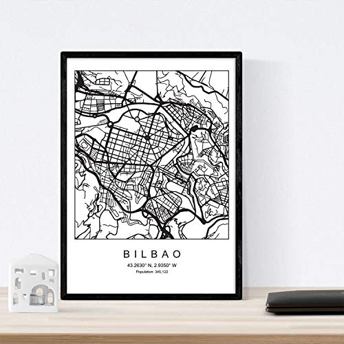 Nacnic Lámina Mapa de la Ciudad Bilbao Estilo nordico en Blanco y Negro. Poster tamaño A3 Enmarcado con Marco Negro Impreso Papel 250 gr. Cuadros, láminas y Posters para Salon y Dormitorio