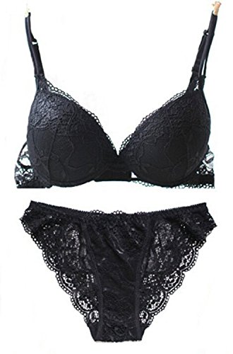 Nature Mujer Delgado De encaje Push Up 3/4 Taza de Sujetador y Bragas Conjuntos - (Negro ES-90B)