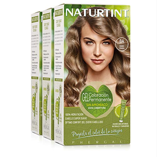 Naturtint Coloración 8A Rubio Ceniza, 100% Cobertura de canas y Hidratación, Ingredientes Vegetales y Aceites 100% Biobotánicos, Color Natural y Duradero, Sin Amoniaco, Pack de 3.