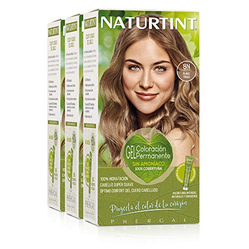 Naturtint Coloración 8N Rubio Trigo, 100% Cobertura de canas y Hidratación, Ingredientes Vegetales y Aceites 100% Biobotánicos, Color Natural y Duradero, Sin Amoniaco, Parabenes, Siliconas, Pack de 3.