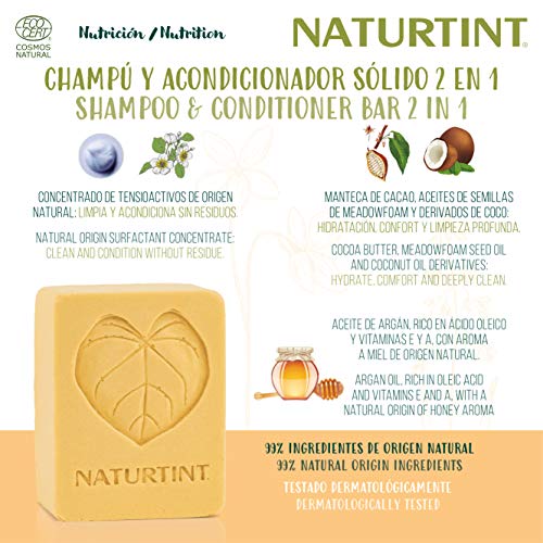 Naturtint Nutrición 2 en 1 | Champú Sólido + Acondicionador Ecológico. | Cabello seco, maltratado y rebelde | Sin SLS, sostenible | 75ml. 99% Ingredientes Naturales ECOCERT