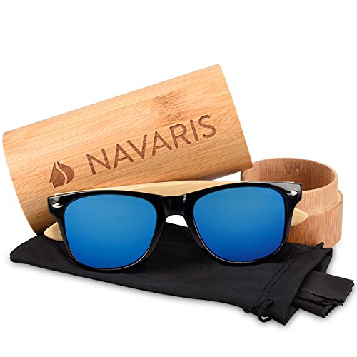 Navaris Gafas de sol UV400 - Gafas de madera para hombre y mujer - Gafas de sol con patillas de madera - Negro y azul