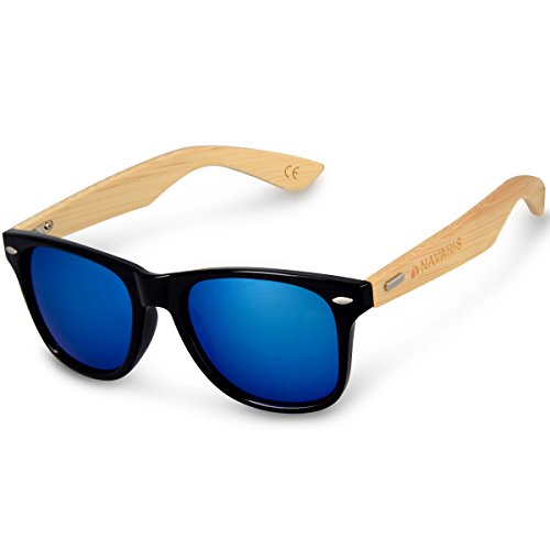 Navaris Gafas de sol UV400 - Gafas de madera para hombre y mujer - Gafas de sol con patillas de madera - Negro y azul