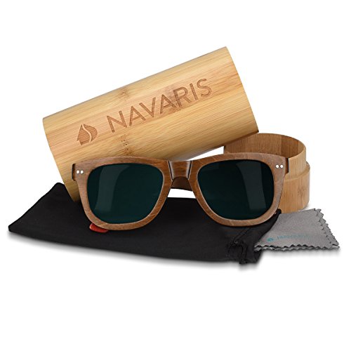 Navaris Gafas de sol UV400 - Gafas de madera para hombre y mujer - Gafas de sol polarizadas moldura en color marrón oscuro y lentes negros