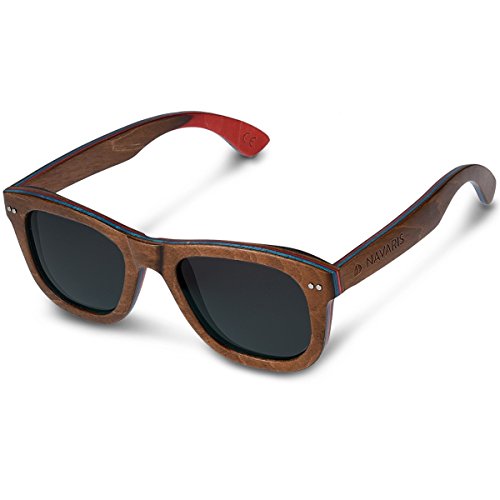 Navaris Gafas de sol UV400 - Gafas de madera para hombre y mujer - Gafas de sol polarizadas moldura en color marrón oscuro y lentes negros