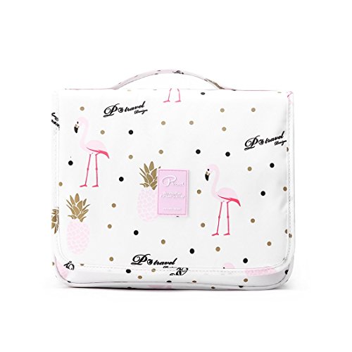 Neceser de Maquillaje Flamenco Bolsa de Cosméticos Impermeable Bolsa de Almacenamiento, Bolsa Portátil de Lavado de Viaje, Bolsa Maquillaje Gran Capacidad Bolsa de Aseo con Gancho para Mujer, Blanco