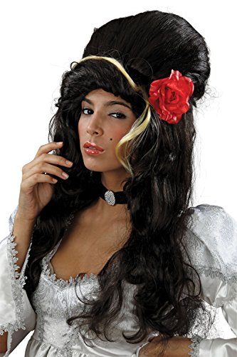 NEW BLACK AMY WINEHOUSE WIG BEEHIVE WITH RED ROSE (peluca)