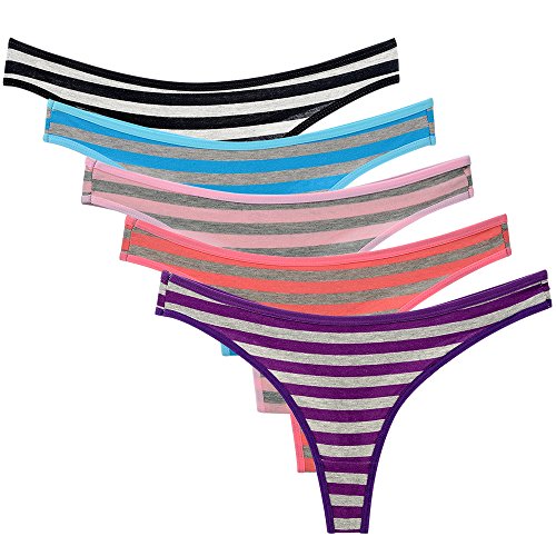 Nightaste Ropa Interior Tanga de Algodón para Mujeres Paquete de 5 Piezas Tanga de Rayas de Colores (XL, 5 Color)