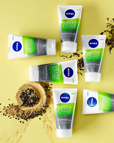 NIVEA 3 en 1 Urban Skin Detox Clay Wash, 150 ml, mascarilla desintoxicante para todo tipo de piel, lavado facial, máscara de arcilla natural con arroz negro y extracto de té verde.