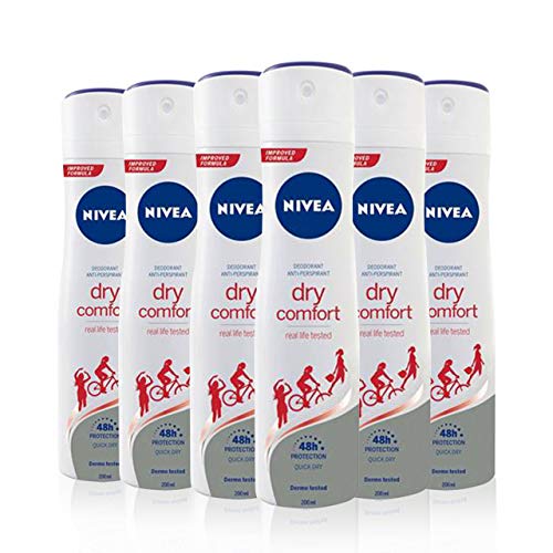 NIVEA Dry Comfort en pack de 6 (6 x 200 ml), desodorante antitranspirante con protección 48 horas, spray desodorante de cuidado femenino testado en la vida real