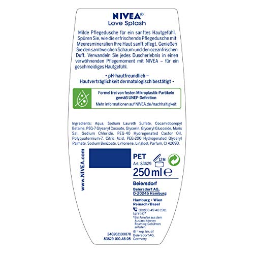 Nivea Love Splash - Gel de ducha (250 ml), gel de ducha refrescante con minerales marinos naturales, pH neutro para la piel con aroma a océano