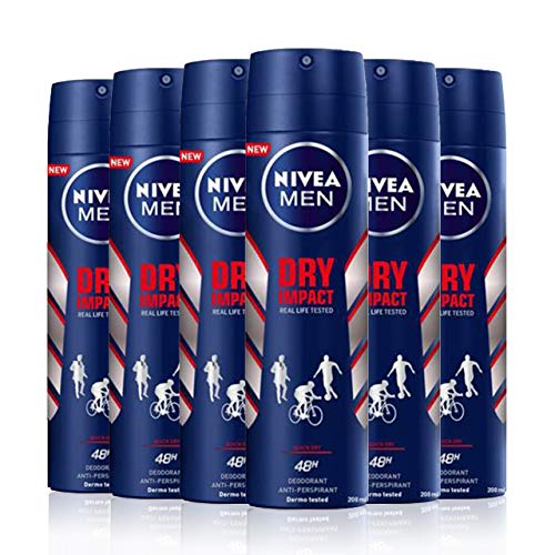 NIVEA MEN Dry Impact Spray, desodorante antitranspirante con protección 48 horas, desodorante spray de cuidado masculino testado en la vida real - pack de 6 x 200 ml