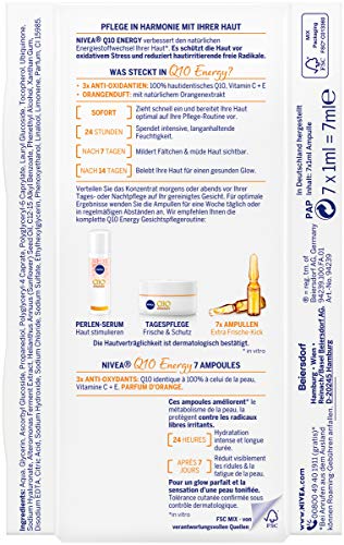 Nivea Q10 ENERGY Antiarrugas 7 días – 7 ampollas (7 x 1 ml), tratamiento facial con 100% piel Q10, vitamina C y vitamina E, cuidado facial mitiga las arrugas y piel cansada.