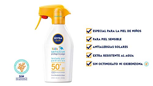 NIVEA SUN Kids Sensitive Protege & Juega Spray Pistola FP 50+, spray solar extra resistente al agua para piel sensible, protector solar para niños - 1 x 300 ml