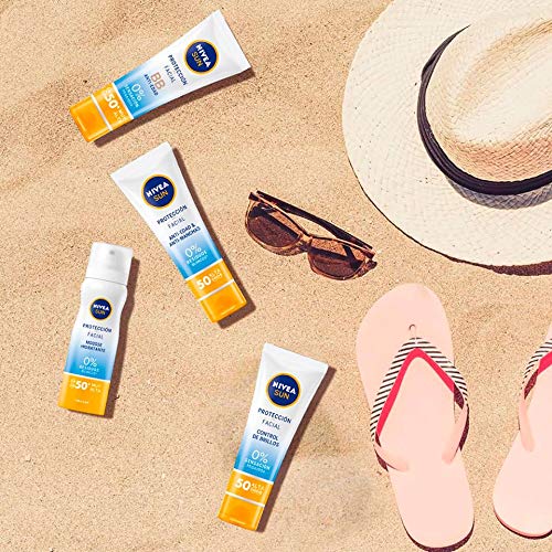 NIVEA SUN Protección Facial UV BB Anti-edad FP 50+ (1 x 50 ml), crema solar facial con 0% sensación pegajosa, crema facial antiedad, protector solar con color para un bronceado uniforme