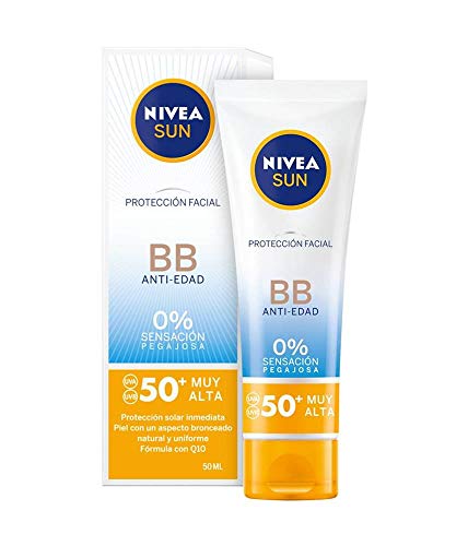 NIVEA SUN Protección Facial UV BB Anti-edad FP 50+ (1 x 50 ml), crema solar facial con 0% sensación pegajosa, crema facial antiedad, protector solar con color para un bronceado uniforme