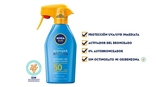 NIVEA SUN Protege & Broncea Spray Solar FP50 (1 x 300 ml), activador del bronceado, protección solar alta, protector solar hidratante y resistente al agua, pistola